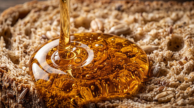 Pouring golden organic honey over freshly baked multigrain seeded bread slice, macro food photography