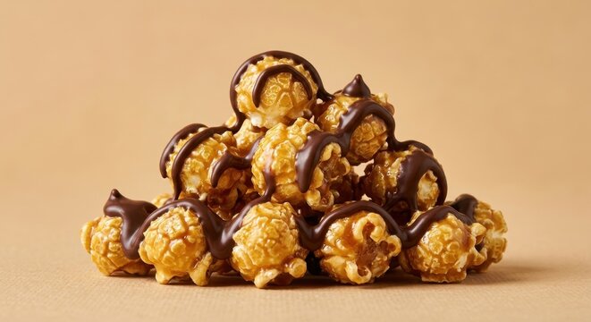 Delicious pile of gourmet caramel popcorn drizzled with rich melted dark chocolate, sweet and crunchy snack dessert on a neutral beige background, perfect for cinema and festive food concept