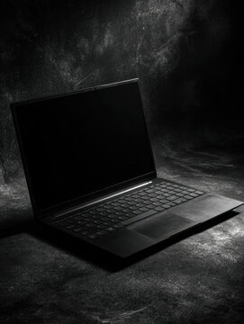 Modern black laptop on a textured dark background
