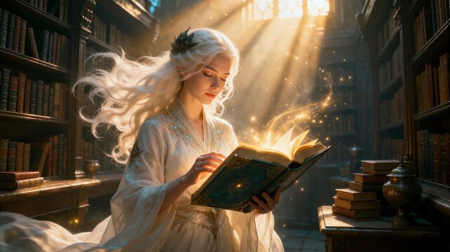 An ethereal woman discovers ancient magic in a sunlit library