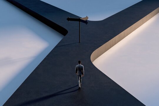 Businessman standing at a forked path with directional arrows symbolizing decision making and choosing between multiple future opportunities in life