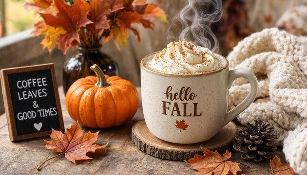 Fall coffee cup with whipped cream and autumn leaves for seasonal greeting card design with transparent background