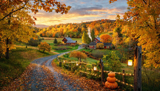 Autumn countryside farmhouse with pumpkin and smoke in golden hour landscape