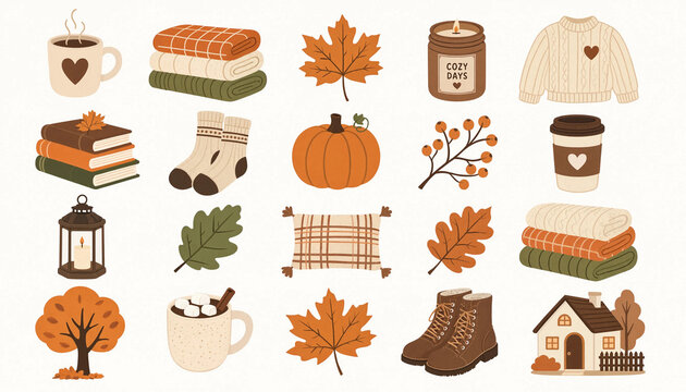 Autumn harvest icons collection featuring seasonal objects and cozy elements for fall celebration designs