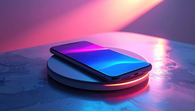 Smartphone on wireless charging pad, soft studio lighting, modern technology concept