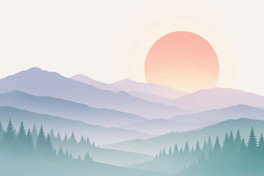 Minimalist flat vector landscape with layered mountains and misty forest