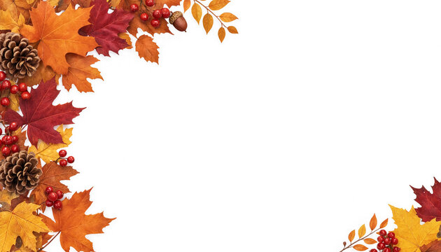 Autumn leaves and berries corner frame for seasonal event design with transparent background