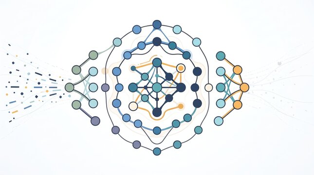 Deep learning neural network architecture with data processing pipeline vector illustration on white background.