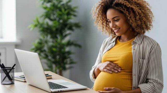 smiling pregnant woman with curly hair using laptop at home desk while touching her belly