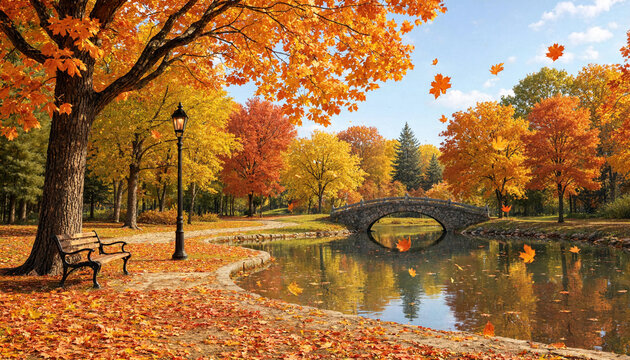 Autumn foliage scene with stone bridge and bench in serene park setting with transparent background