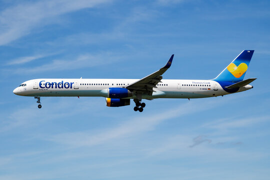 Condor Boeing 757-300 (D-ABOM) landing at Hamburg Airport on July 6, 2017 in Hamburg, Germany