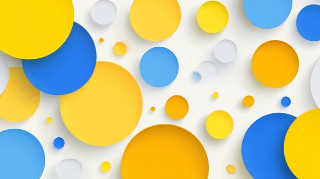 Playful 3D abstract background with colorful floating geometric circles and flat discs in vibrant yellow blue and white on light space