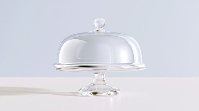Empty transparent glass cake stand with clear dome displayed on a minimal light background, horizontal product presentation mockup