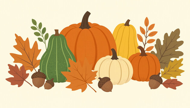 Fall harvest pumpkins and gourds arrangement with autumn leaves and acorns for seasonal celebration