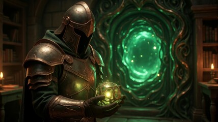 Obraz premium Armor-clad figure stands before glowing portal
