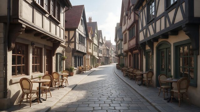Traditional European medieval street with cobblestone pavement, half-timbered historic buildings, charming old town village alley with empty cafe seating