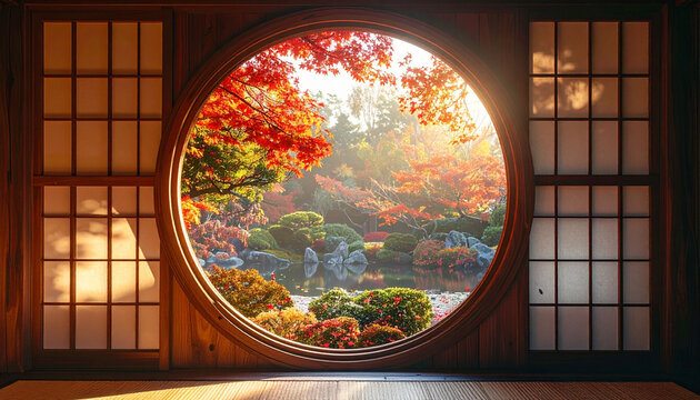 円窓から眺める鮮やかな紅葉の日本庭園と池の風景　木枠の障子越しに差し込む柔らかな光と紅葉のコントラストが美しい静かな和の空間の背景素材　旅行パンフレットや旅館の広告、情緒あるWebサイトのバナー、カレンダーのデザイン、SNS投稿のメインビジュアル、プレゼン資料の表紙、情緒的な季節の挨拶状やポスターなどの幅広い用途に活用できる和風デザイン