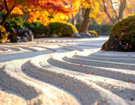 紅葉した木々が美しく色づく日本の枯山水の庭園で砂に波紋模様が描かれた風情ある光景　砂地の質感と木漏れ日が作り出す柔らかな明暗のコントラストを活かした余白のある構図で落ち着いた和の雰囲気　旅行パンフレットや雑誌の表紙、寺社仏閣の案内、Webサイトの背景、ポスター、プレゼン資料、秋のイメージ広告