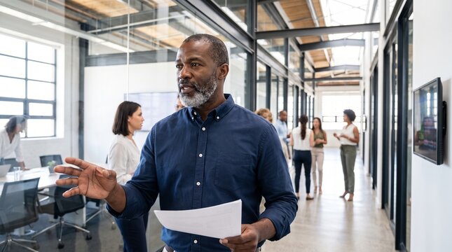 Mature Businessman Leading a Team Meeting in a Modern Office