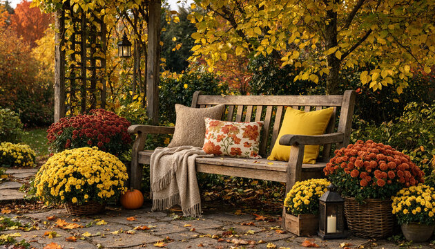 Autumn garden bench with pumpkins and flowers for seasonal decor and greeting cards