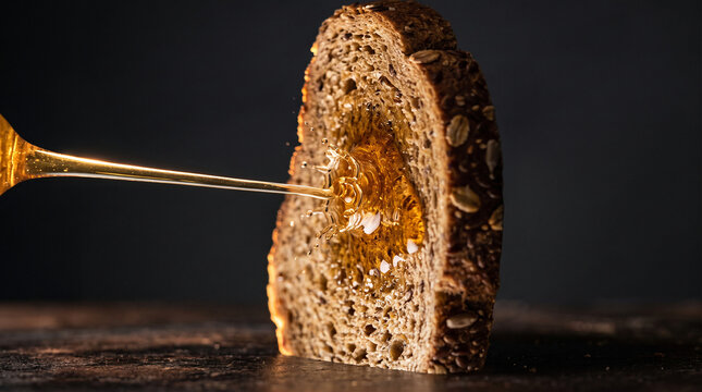 Golden Honey Pouring and Splashing on a Slice of Rustic Whole Grain Bread