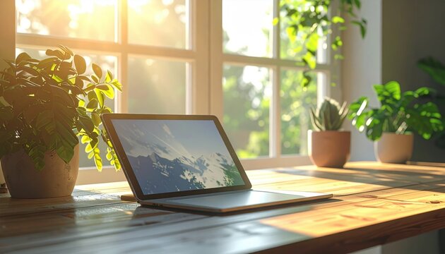 Tablet computer on a bright wooden desk, soft window light, digital workplace concept, clean composition