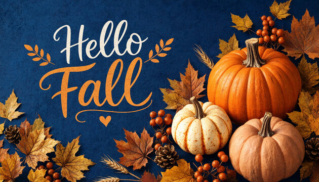 Autumn greeting graphic featuring pumpkins and fall foliage with hello fall text on dark background