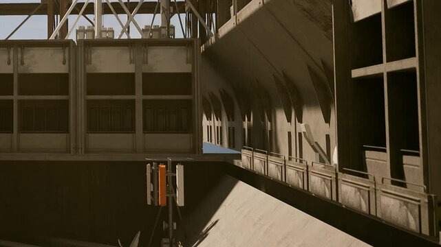 Workers are busy at a construction site where large structures are built next to a deep pit. The scene captures equipment and tools on a sunny day.