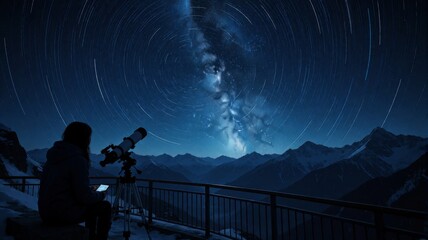 Fototapeta premium Astronomer Observing Star Trails Over Mountain Range