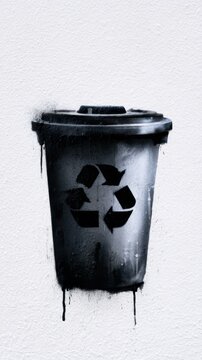Graffiti art of a black recycling bin with a recycled symbol painted on a white textured wall representing environmental awareness and sustainability concepts