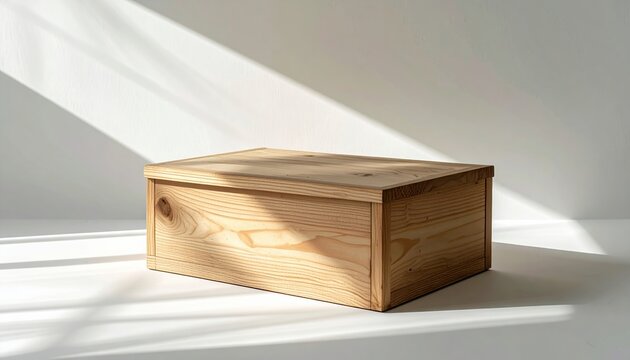 wooden storage box with soft shadow on white, soft natural lighting