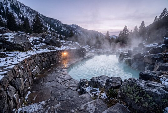 Natural steaming hot spring thermal pool surrounded by snowy rocks and mountain pine forest at winter dusk