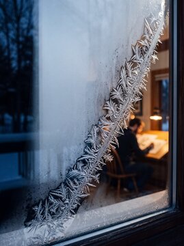 Beautiful frost patterns on a window glass overlooking a person working inside a cozy warm cabin in winter