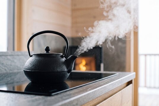 Black cast iron tea kettle boiling water with steam rising on an induction stove in a cozy rustic cabin