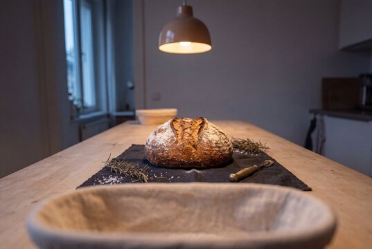 Freshly baked artisanal sourdough bread loaf resting on a wooden kitchen table under a warm pendant lamp with baking accessories