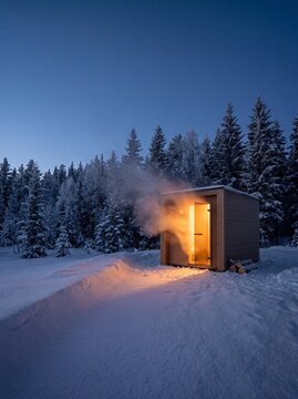 Modern wooden sauna cabin with warm interior light and steam billowing outdoors into snowy winter pine forest at twilight