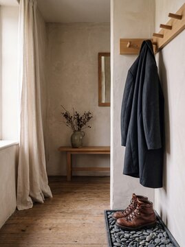 Rustic entryway interior with a coat hanging on a wooden peg rack, leather boots on a pebble tray, and a bench in the hallway