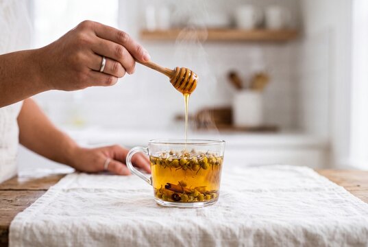 Dripping Organic Honey from Wooden Dipper into Hot Steaming Chamomile Herbal Tea Cup in Cozy Kitchen