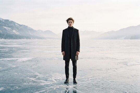 Fashionable young man in an elegant black wool coat standing on a frozen lake with snowy mountains in winter