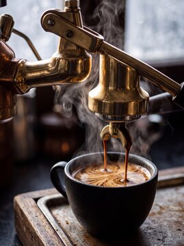 Fresh espresso pouring from a vintage brass lever coffee machine into a dark ceramic cup with rich crema and steam