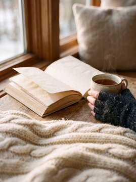 Cozy winter scene with a hand holding a steaming cup of tea next to an open vintage book and a warm knitted blanket by the window