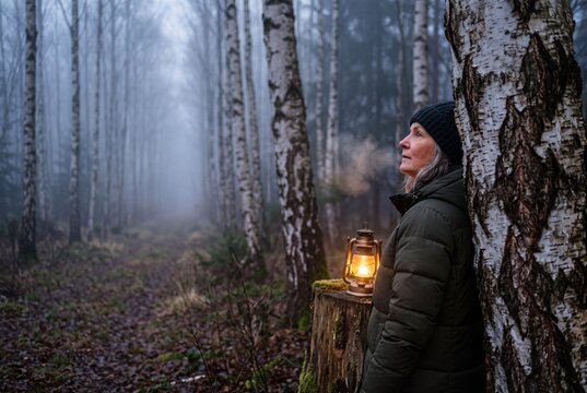 A mature woman standing next to a glowing vintage lantern in a misty birch forest during a cold autumn morning