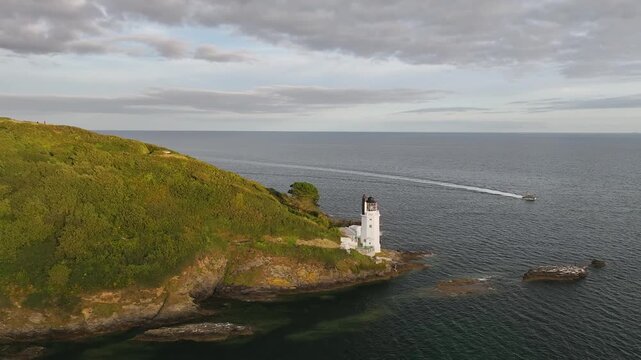 St Anthony Lighthouse from drone, Roseland peninsula, Head circular walk, Cornwall, UK