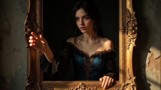 Beautiful woman poses behind golden picture frame, evoking drama