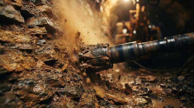 Rotating drill bit cutting through layered rock strata with dust rising during mineral exploration