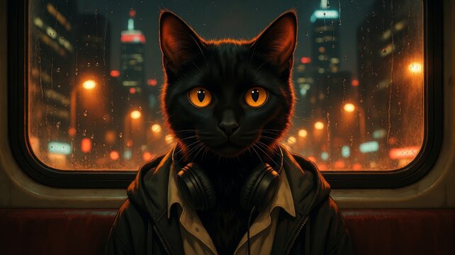 Black Cat Commuting in Rainy City Train