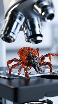 Detailed examination of a red tick under high-tech laboratory microscope on glass slide for scientific research and study in entomology