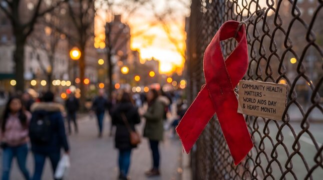 Urban twilight scene featuring a powerful red ribbon, a universal symbol of AIDS awareness, affixed to a fence, reflecting on public health matters and communal understanding