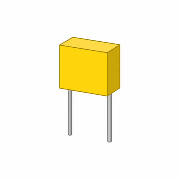 A single box-shaped film capacitor with a compact yellow rectangular body and two parallel metal leads extending from the bottom.