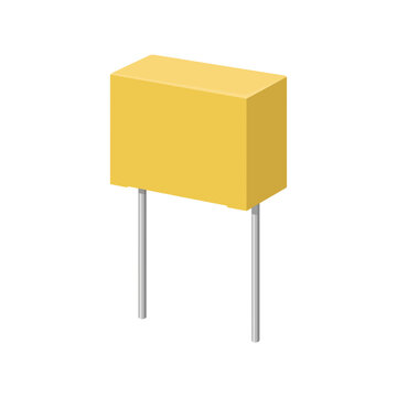 A single box-shaped film capacitor with a compact yellow rectangular body and two parallel metal leads extending from the bottom.